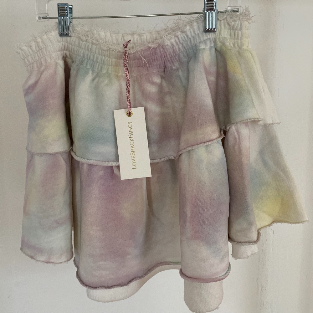 Love Shack Fancy ruffled Tie dye terry mini skirt